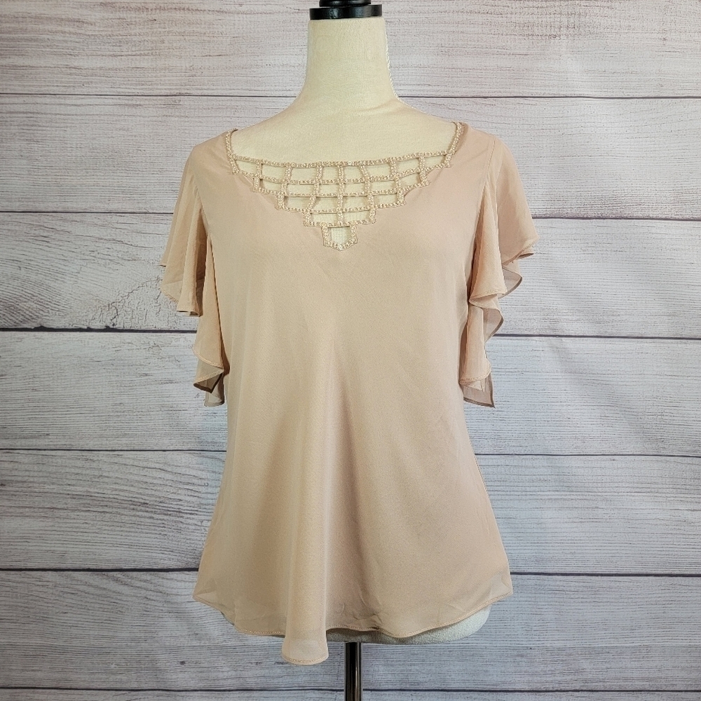 𝅺ADRIANNA Papell Vintage Sequin Blouse Beige Size 12